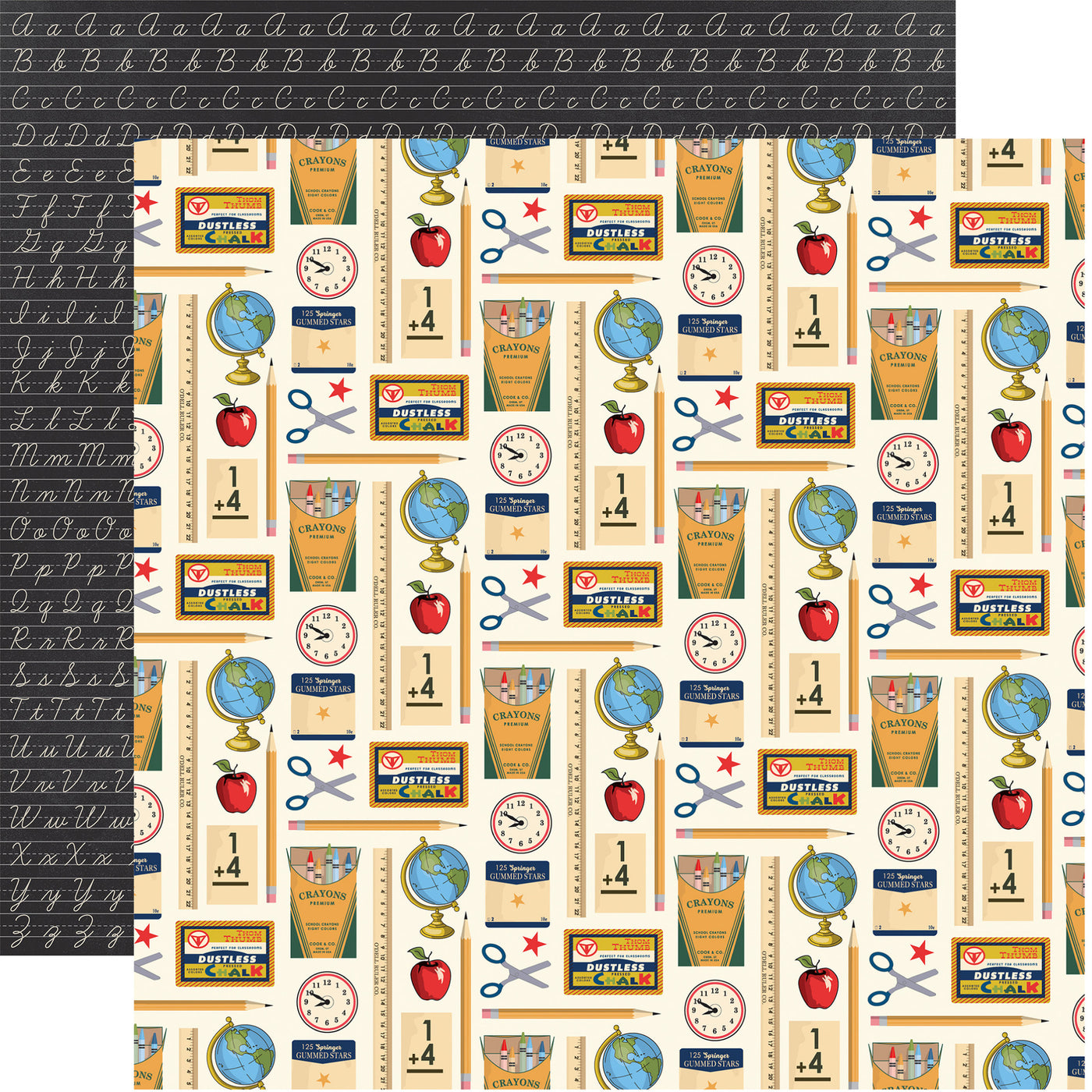 Patterned paper with school-themed elements, including rulers, apples, and globes, on a cream background with a cursive pattern reverse.