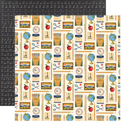 Patterned paper with school-themed elements, including rulers, apples, and globes, on a cream background with a cursive pattern reverse.