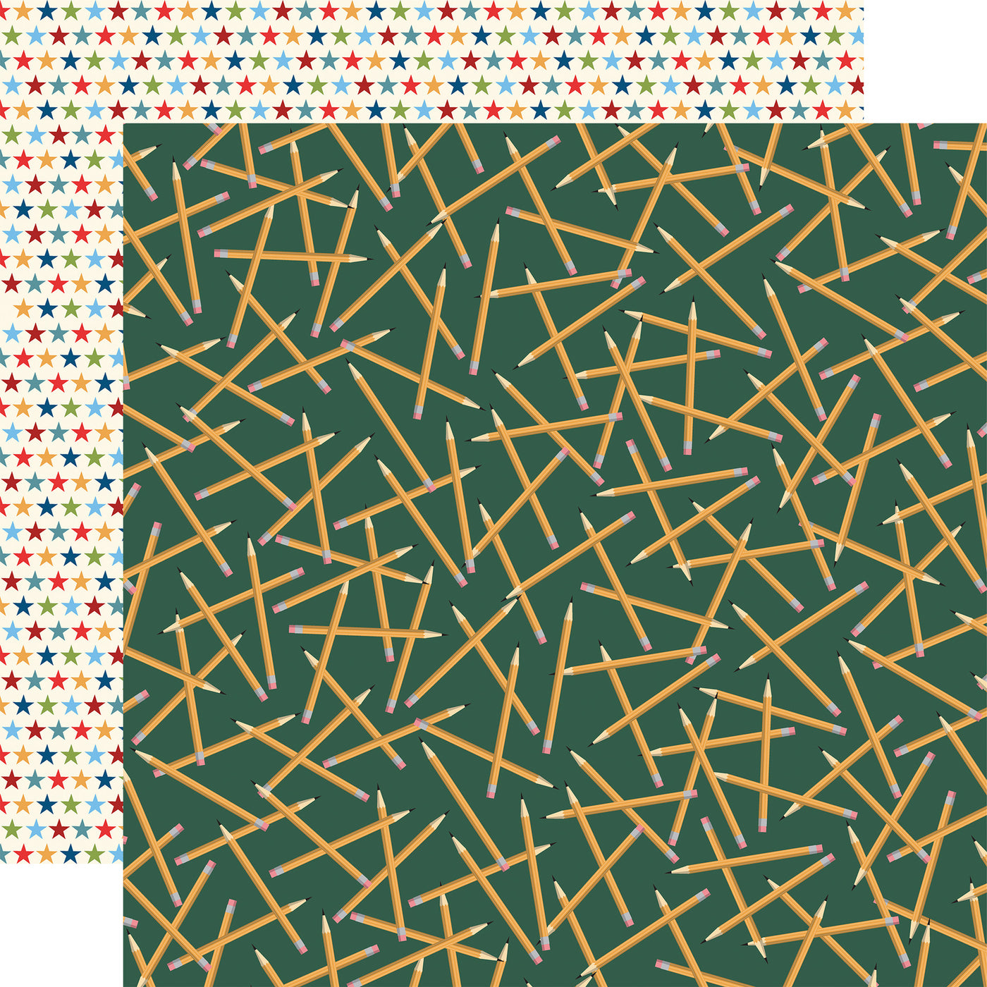 Patterned paper with yellow pencils on a green background and star pattern reverse.