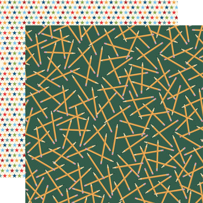 Patterned paper with yellow pencils on a green background and star pattern reverse.