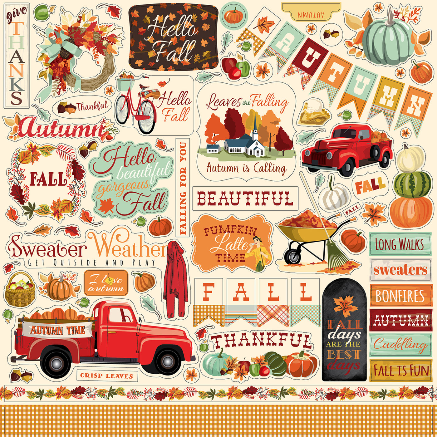 Fall Break Elements 12" x 12" Cardstock Stickers from Fall Market Collection by Carta Bella. Stickers include phrases, banners, borders, tags, pumpkins, fall florals, red truck, and more!