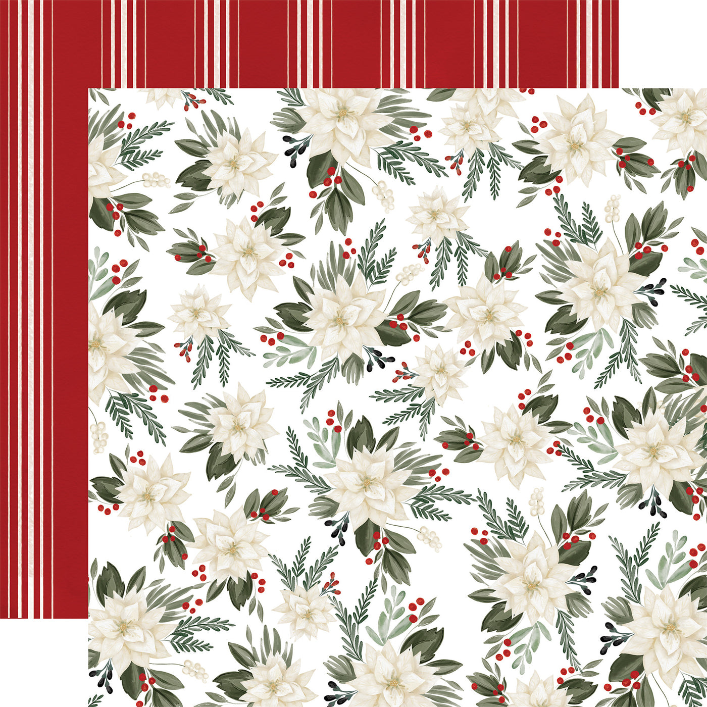 Double-sided 12x12 cardstock with Christmas floral on a white background; the reverse is thick red stripes with thin white stripes.