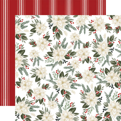 Double-sided 12x12 cardstock with Christmas floral on a white background; the reverse is thick red stripes with thin white stripes.