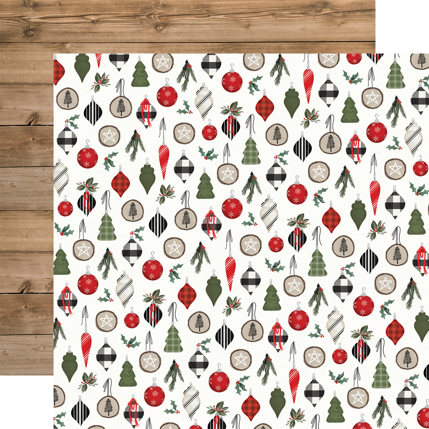 Double-sided 12x12 cardstock with Christmas ornaments on a white background; the reverse is brown wood grain.