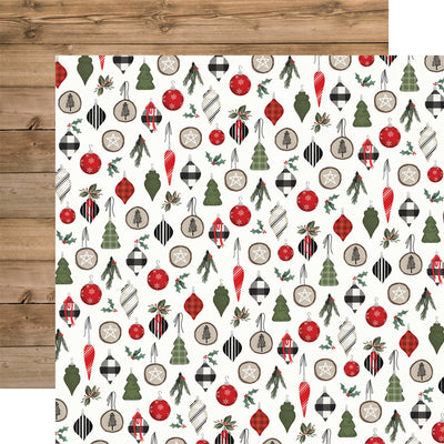 Double-sided 12x12 cardstock with Christmas ornaments on a white background; the reverse is brown wood grain.