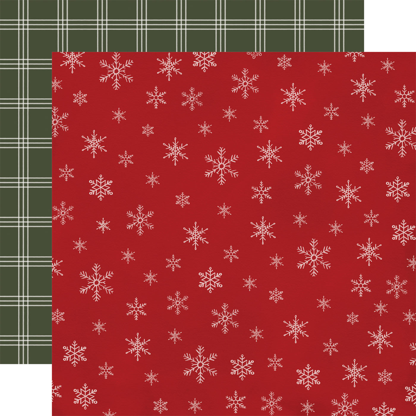 Double-sided 12x12 cardstock with white snowflakes on a red background; the reverse is white plaid on a green background. 80 lb cover. Felt texture.