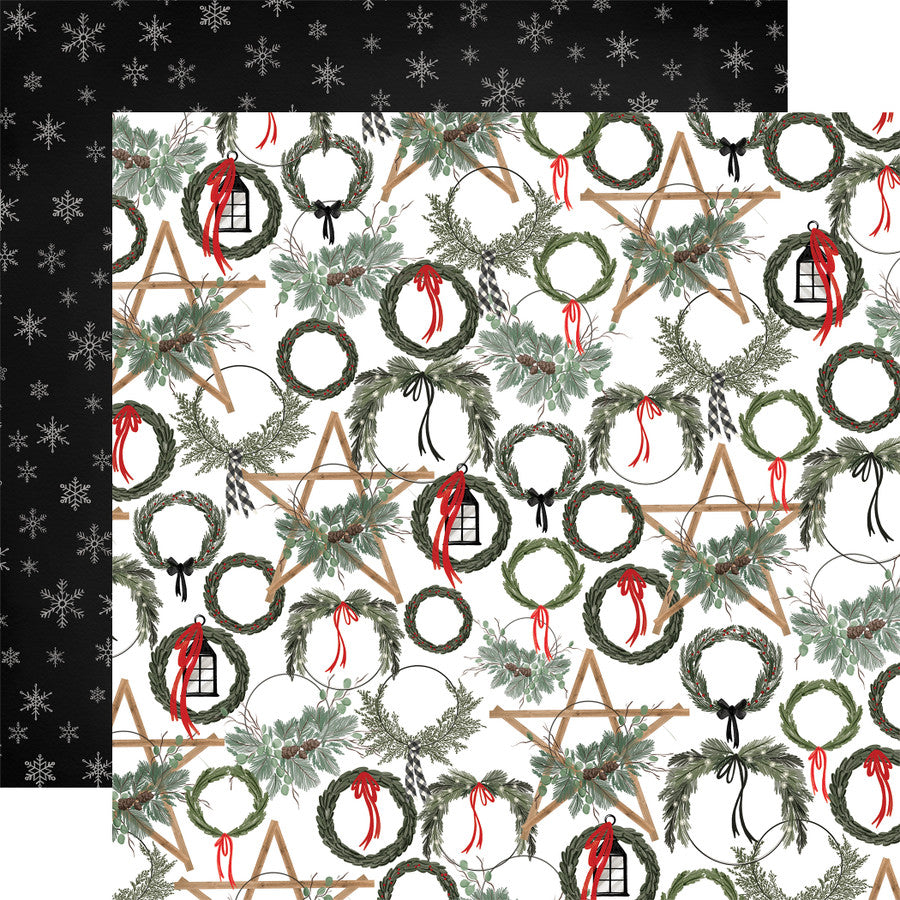 Double-sided 12x12 cardstock with Christmas wreaths on a white background; the reverse is white snowflakes on a black background.