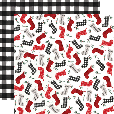 Christmas stockings all over on a white background. The reverse is black and white buffalo plaid. 