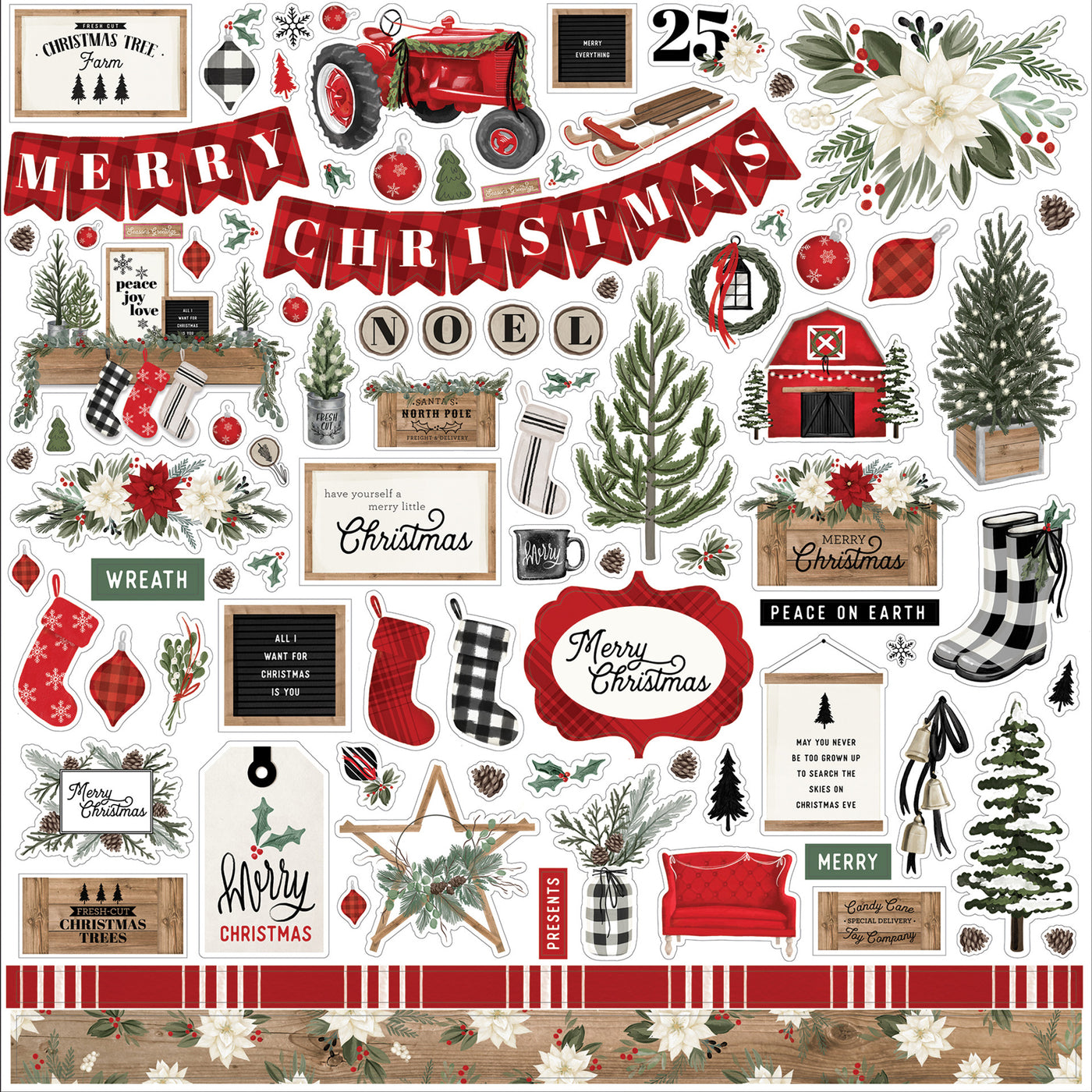 Farmhouse Christmas Elements 12" x 12" Cardstock Stickers from the Farmhouse Christmas Collection by Carta Bella. These stickers include a red tractor, stockings, Christmas trees, ornaments, banners, and more!  