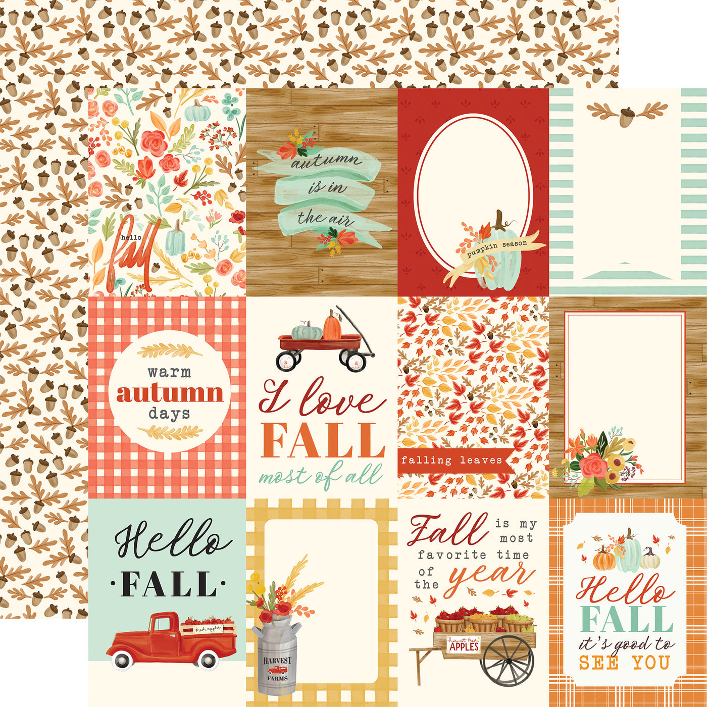From Carta Bella, (Side A - 3X4 journaling cards in fall themes on an off-white background, Side B - acorns and leaves on an off-white background)