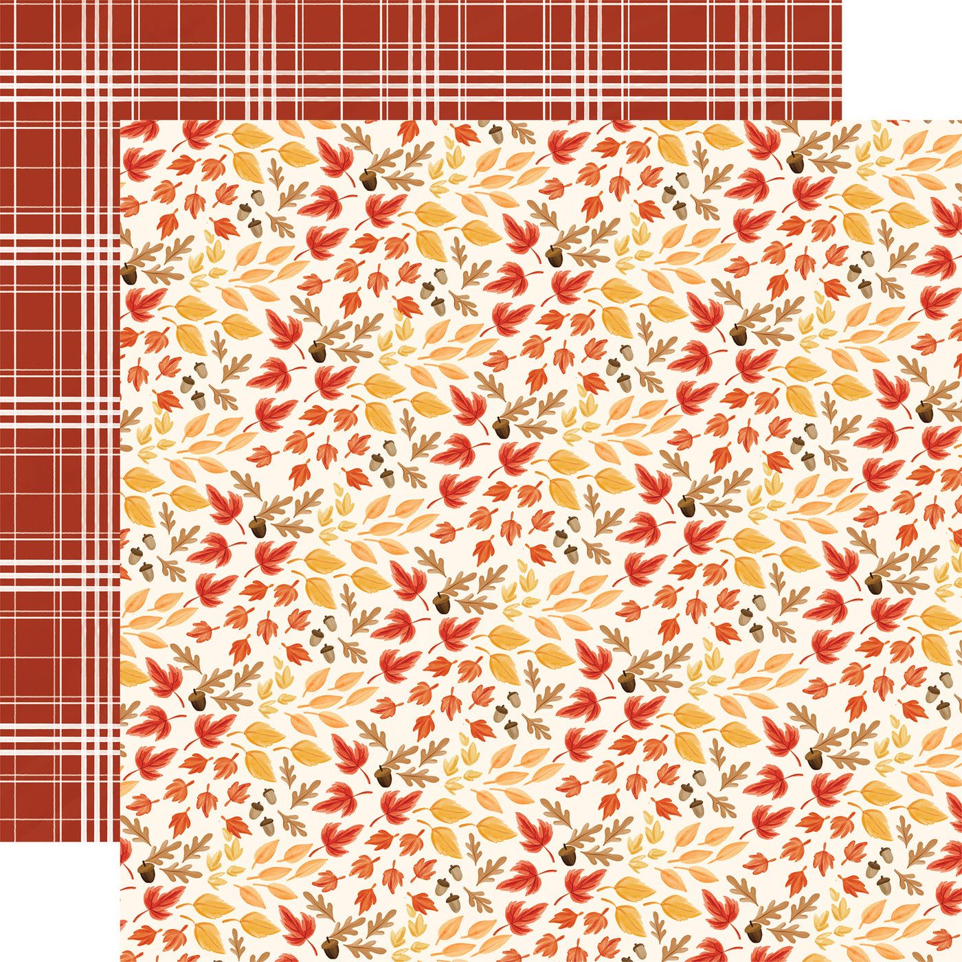 (Side A - an autumn-themed design on the front, with scattered red, orange, and yellow leaves, along with small acorns, on a light cream background; Side B - a dark red or rust-colored background with a white plaid pattern)