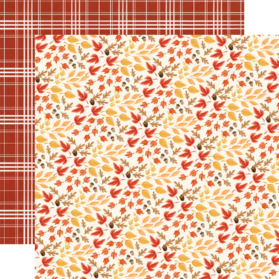 (Side A - an autumn-themed design on the front, with scattered red, orange, and yellow leaves, along with small acorns, on a light cream background; Side B - a dark red or rust-colored background with a white plaid pattern)