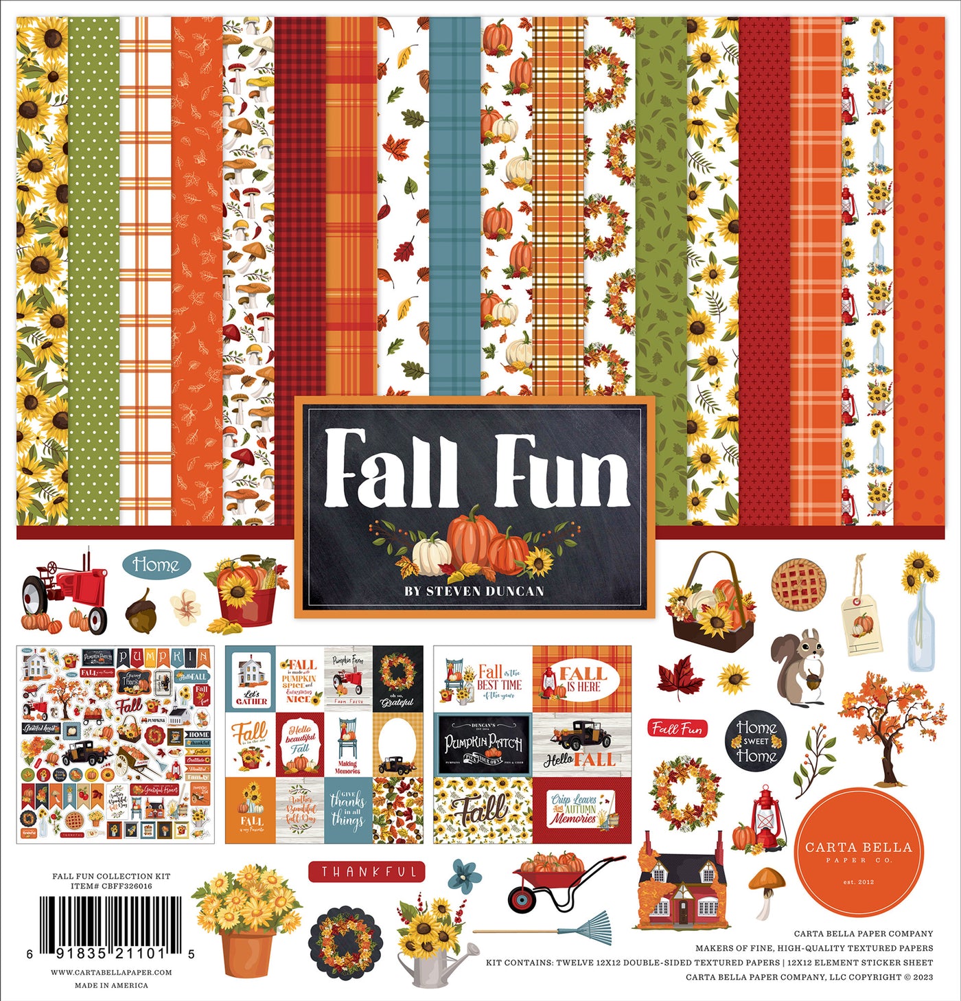 Twelve double-sided designer sheets with autumn designs and icons. Created by Steven Duncan. 12x12 inch cardstock. 80 lb. Felt texture. 