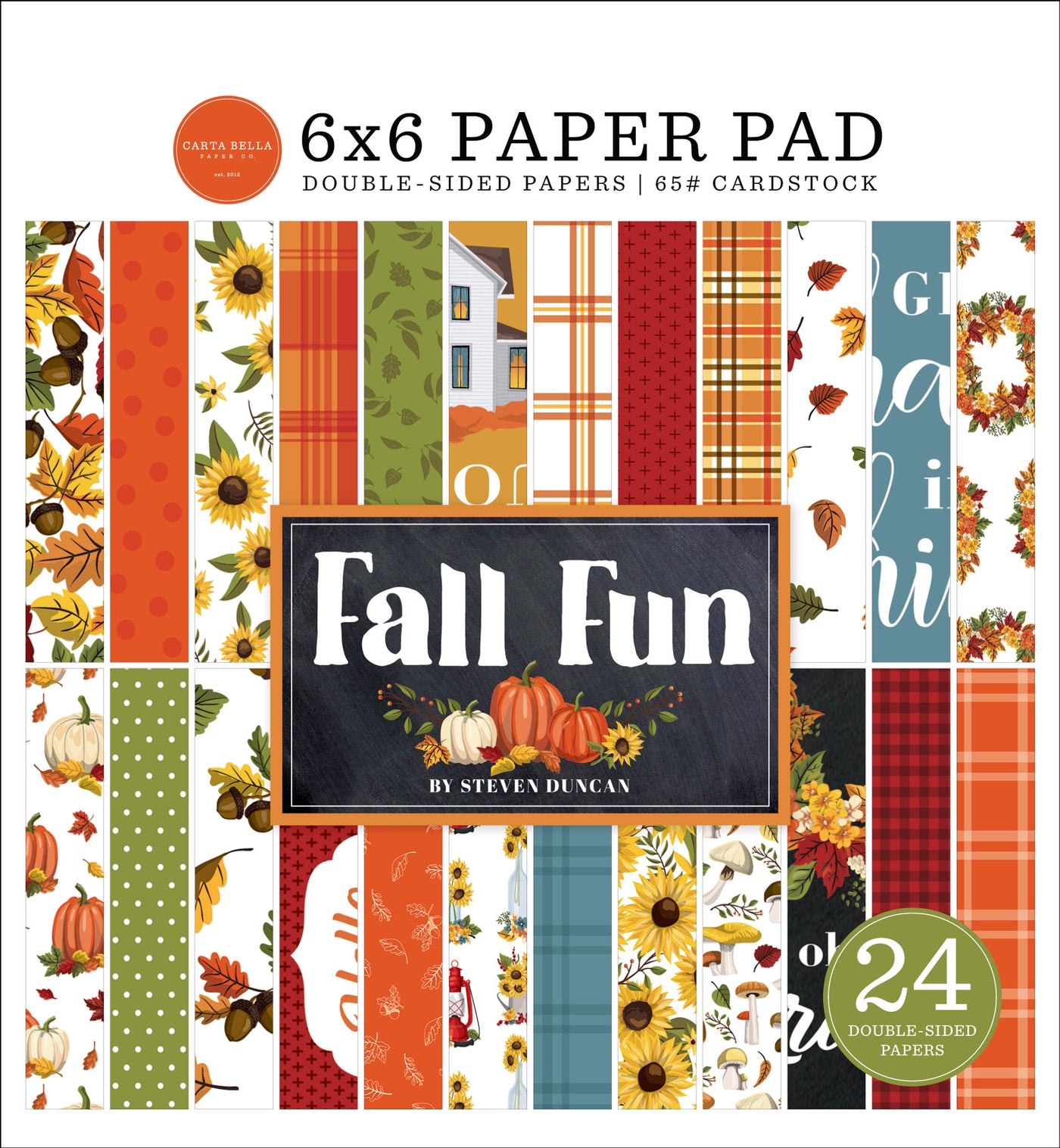 This 6x6 Fall Market pad has 24 double-sided sheets. It is great for autumn card making and other seasonal craft projects. It matches the Fall Fun set from Carta Bella.  