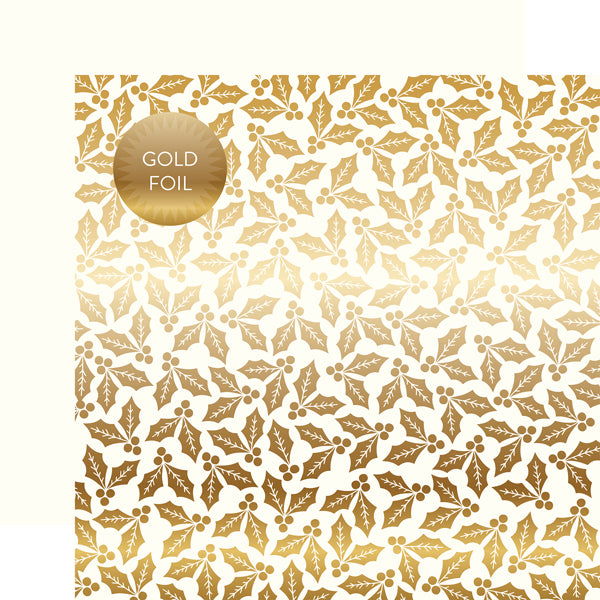 GOLD FOIL WHITE HOLLY & BERRIES 12x12 Cardstock by Carta Bella Paper - 12x12 cardstock with gold foil holly & berries pattern from Carta Bella Paper Co. Great enhancement for paper crafting, archival-safe and acid-free.
