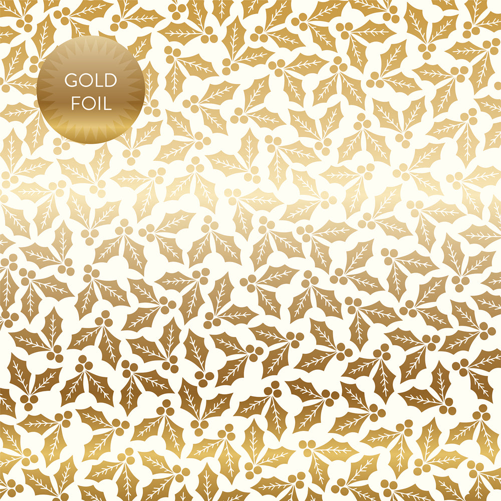 WHITE HOLLY & BERRIES GOLD FOIL - 12x12 Cardstock - Carta Bella