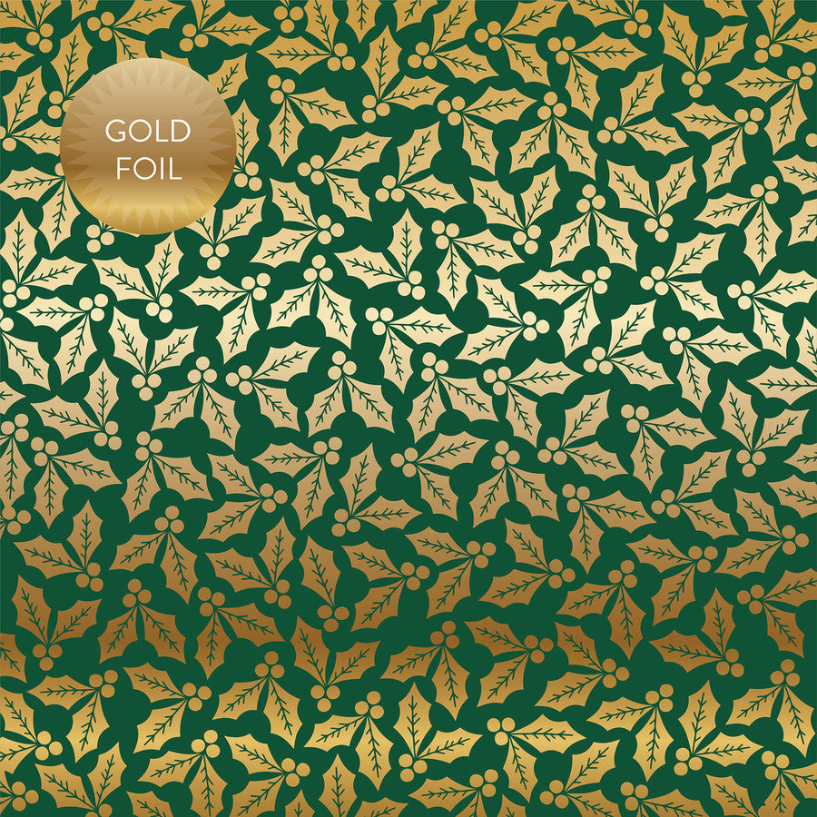 GREEN HOLLY & BERRIES GOLD FOIL - 12x12 Cardstock - Carta Bella