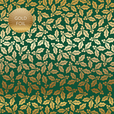 GREEN HOLLY & BERRIES GOLD FOIL - 12x12 Cardstock - Carta Bella