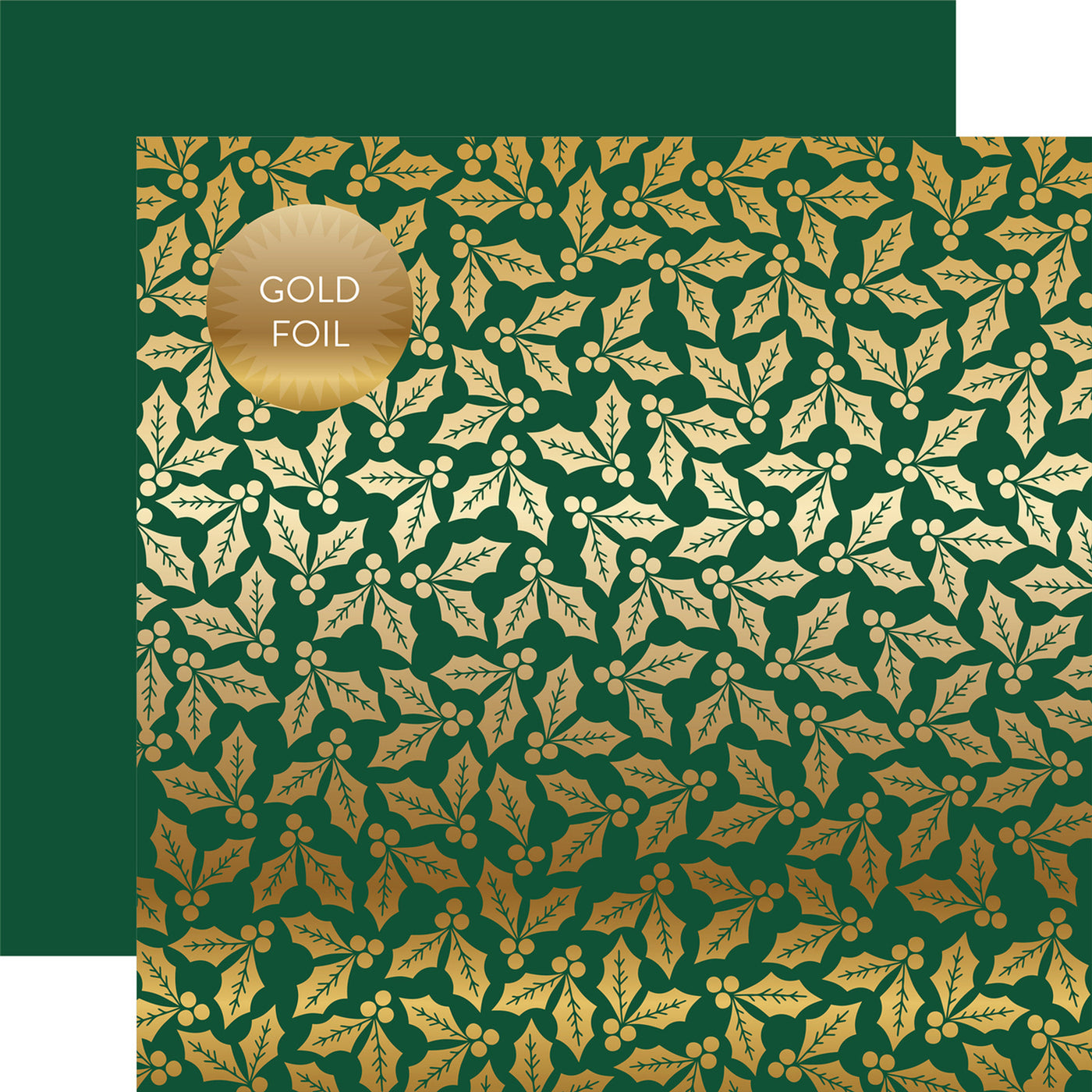 GOLD FOIL GREEN HOLLY & BERRIES 12x12 Cardstock by Carta Bella Paper - 12x12 cardstock with gold foil holly & berries pattern from Carta Bella Paper Co. Great enhancement for paper crafting, archival-safe and acid-free.