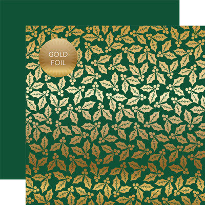 GOLD FOIL GREEN HOLLY & BERRIES 12x12 Cardstock by Carta Bella Paper - 12x12 cardstock with gold foil holly & berries pattern from Carta Bella Paper Co. Great enhancement for paper crafting, archival-safe and acid-free.