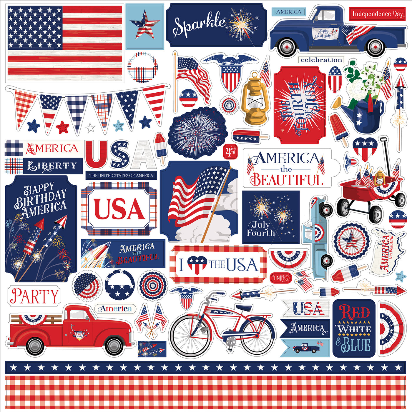 Fourth of July Elements 12" x 12" Cardstock Stickers from the Fourth of July Collection by Carta Bella. These stickers include a red truck, flags, bikes, firecrackers, banners, and more!  