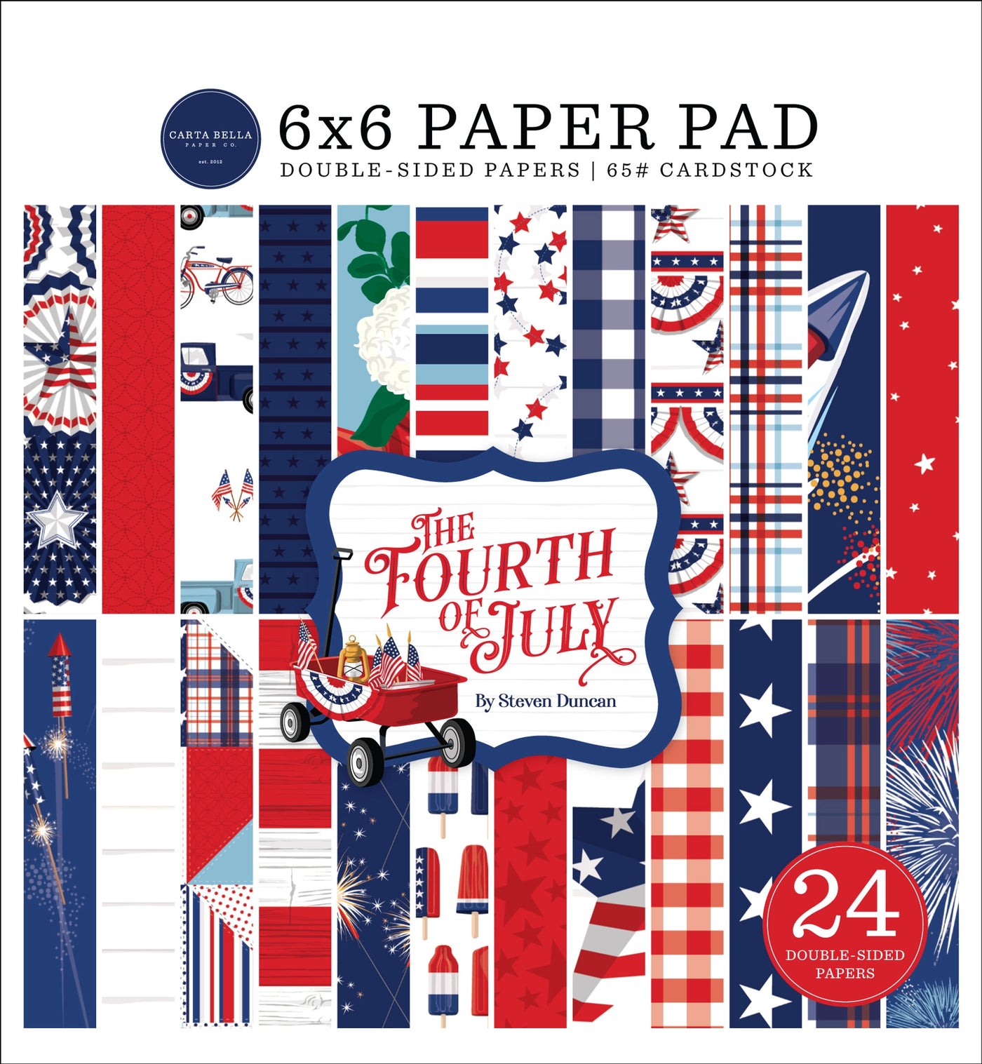 Versatile 6x6 pad with 24 double-sided sheets with colorful patterns and images to celebrate the 4th of July and the love of country. Great for card making and pages.