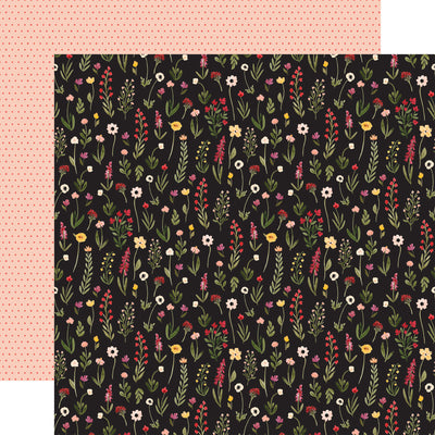 Double-sided 12x12: Sweet floral stems on a black background. The reverse is red dots on a coral background. 80 lb cover. Felt texture.