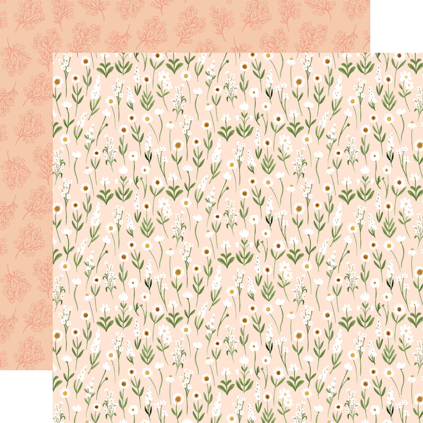 12x12 double-sided patterned paper - (sweet white daisies with green stems on a pale peach background with peach floral pattern reverse) - from Carta Bella Paper