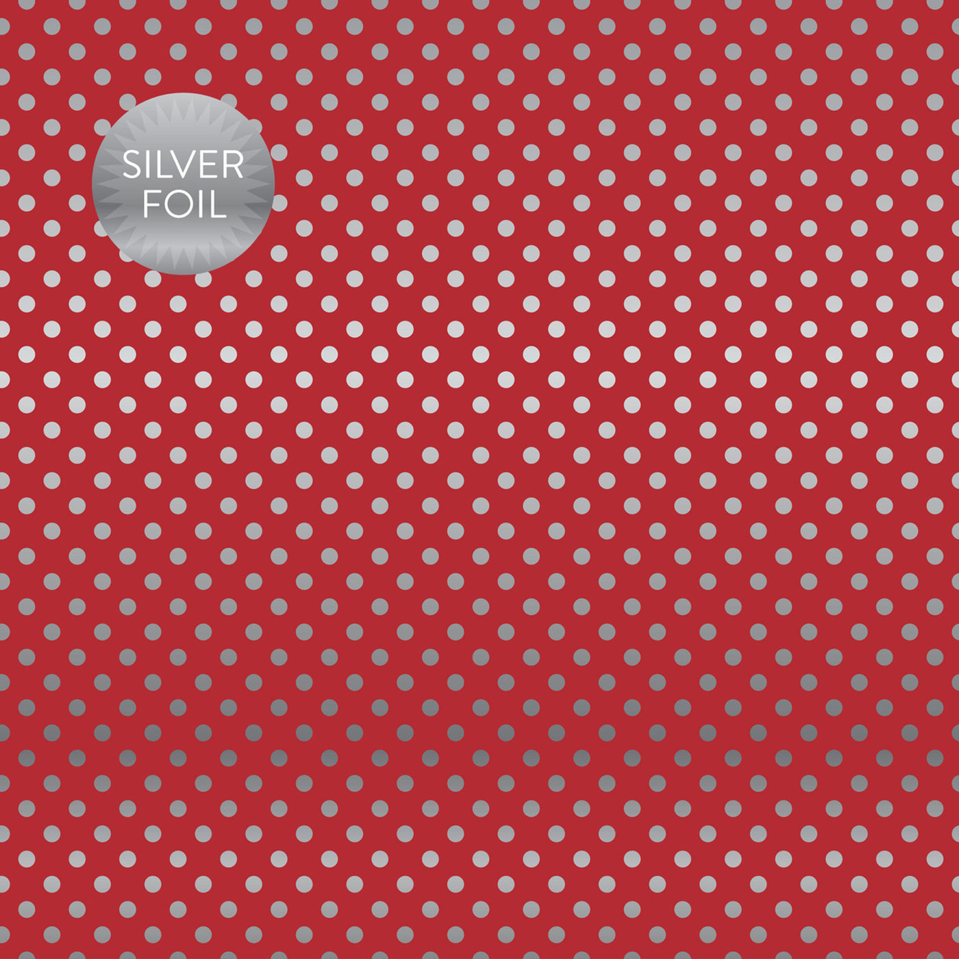 Silver foil dots on red 12x12 cardstock, plain red reverse, from Dots & Stripes Collection by Carta Bella Paper.