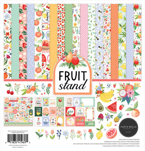 FRUIT STAND 12x12 Collection Kit by Carta Bella - 12x12 Collection Kit for papercrafts includes 12 double-sided papers with images and phrases about fruit. Includes Element Sticker Sheet.
