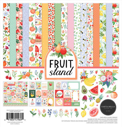 FRUIT STAND 12x12 Collection Kit by Carta Bella - 12x12 Collection Kit for papercrafts includes 12 double-sided papers with images and phrases about fruit. Includes Element Sticker Sheet.