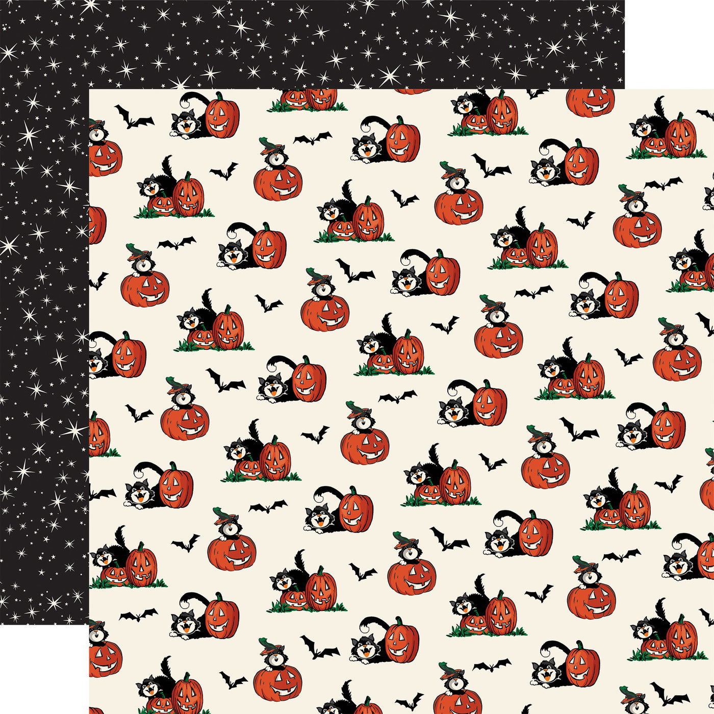 Halloween-themed pattern with pumpkins, cats, and bats on a beige background, white stars on a black background reverse.