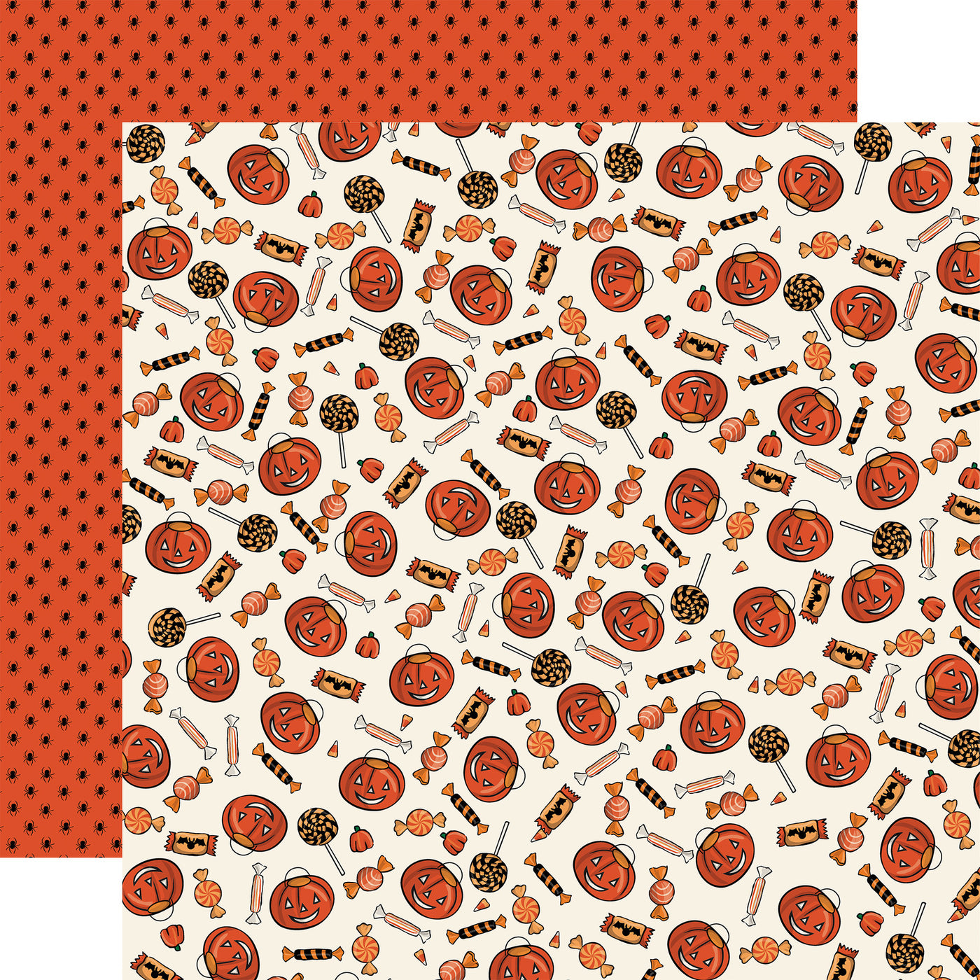 Halloween-themed patterned paper with pumpkins, candies, and bones on a white background, with black spiders on an orange background.
