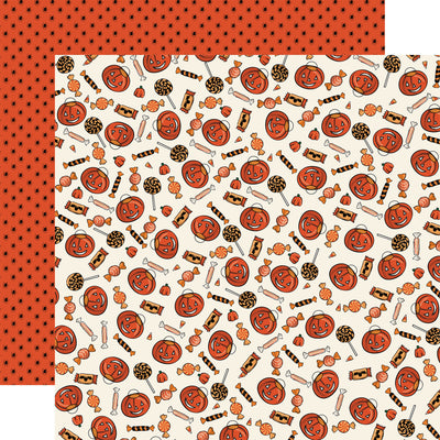 Halloween-themed patterned paper with pumpkins, candies, and bones on a white background, with black spiders on an orange background.