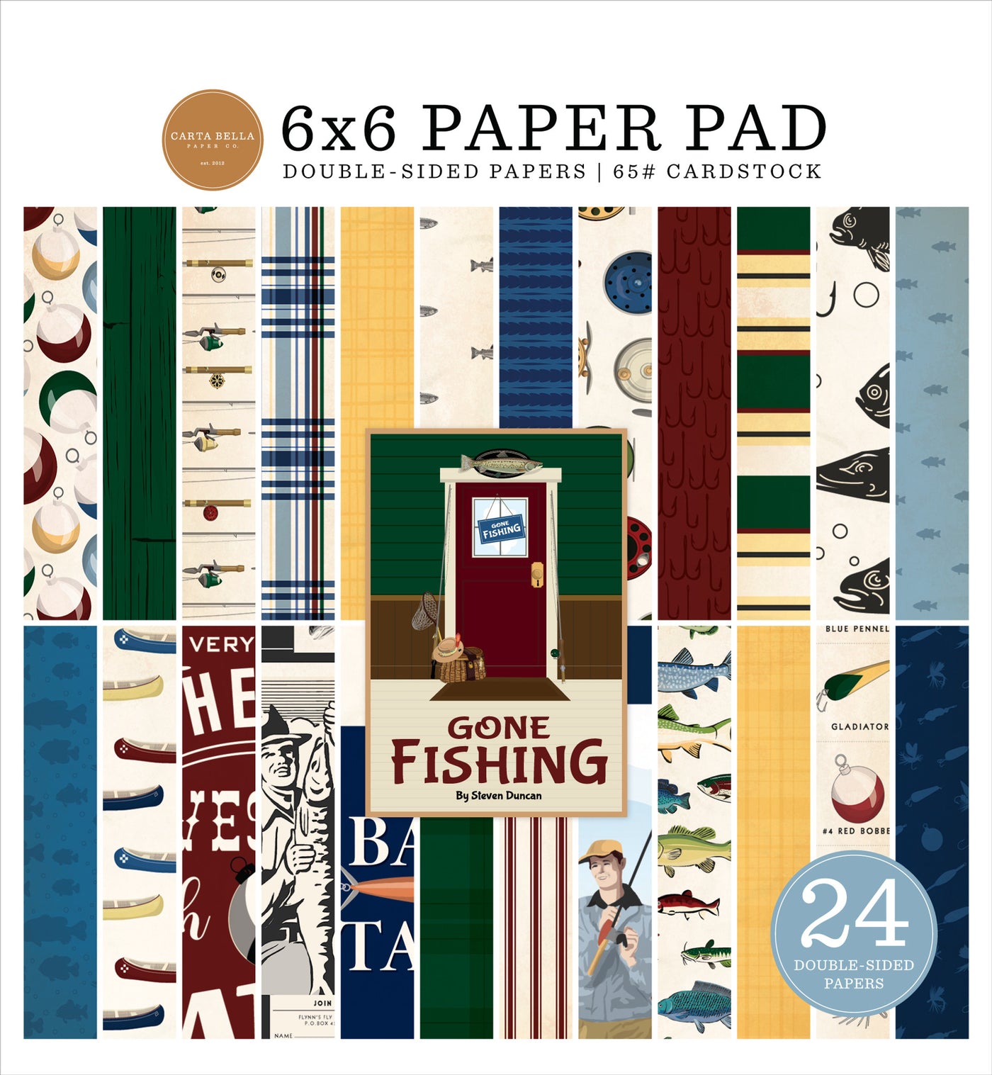 6x6 pad with 24 double-sided sheets. Scaled down images are great for card making and similar crafts. This pad features activities and elements of going fishing.