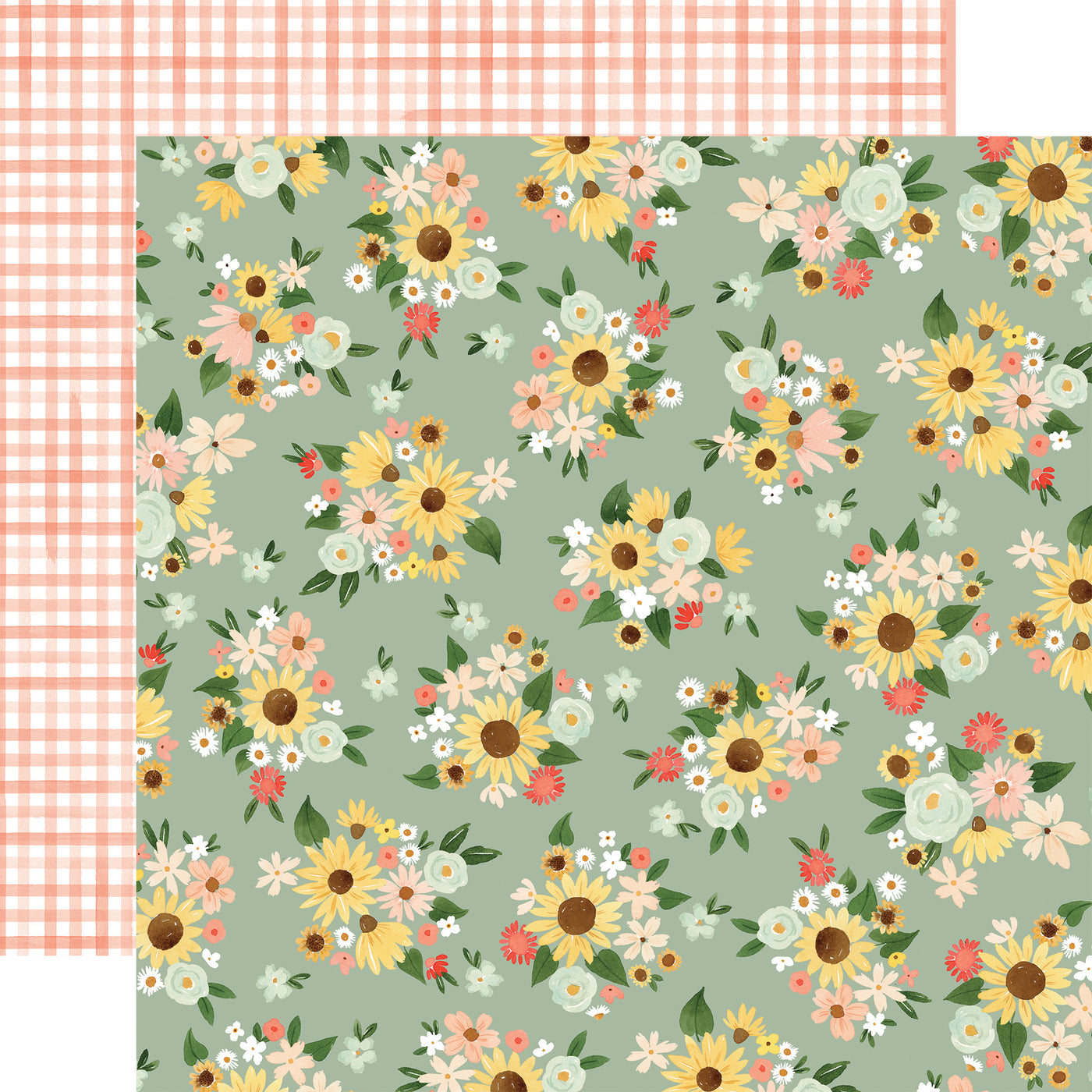 Double-sided 12x12: Sweet bunches of flowers on a mint background. The reverse is a coral weave pattern on a white background. 80 lb cover. Felt texture.