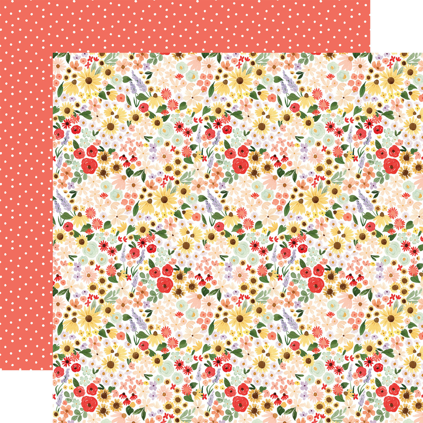 Double-sided 12x12: A beautiful watercolor floral pattern on a white background. The reverse is small white polka dots on a coral background. 80 lb cover. Felt texture.
