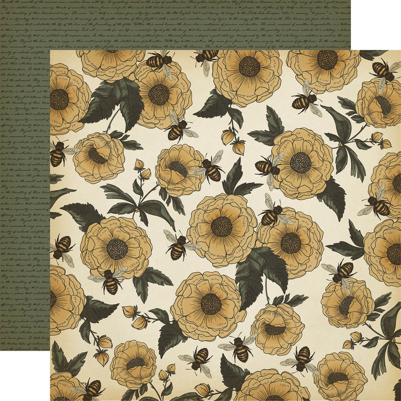 (Side A - vintage-style illustrations of yellow flowers with dark centers and dark green leaves, interspersed with buzzing bees. The background is a light, aged cream color, giving the overall design a classic and rustic aesthetic. Side B - a dark, muted green background with a subtle, repeating pattern of faint handwritten script)