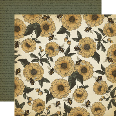 (Side A - vintage-style illustrations of yellow flowers with dark centers and dark green leaves, interspersed with buzzing bees. The background is a light, aged cream color, giving the overall design a classic and rustic aesthetic. Side B - a dark, muted green background with a subtle, repeating pattern of faint handwritten script)