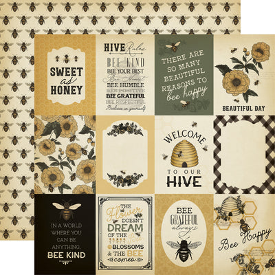 Collage of bee-themed cards with text and designs on a patterned background