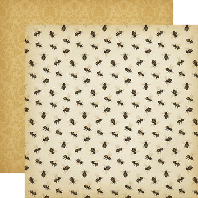 (Side A - pattern of scattered, stylized honey bees on a light, aged parchment-colored background. Side B - damask-style pattern in shades of gold and yellow)