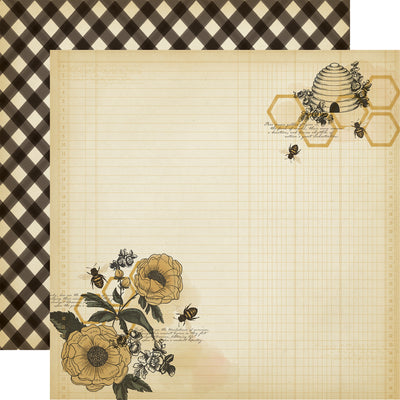 Beige paper with floral and bee design, checkered pattern in the corner