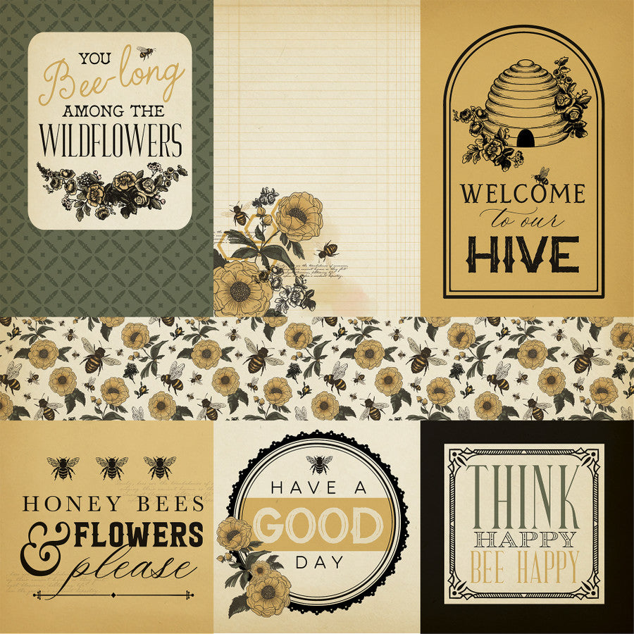 HONEY BEE MULTI JOURNALING CARDS - 12x12 Double-Sided Patterned Paper - Carta Bella