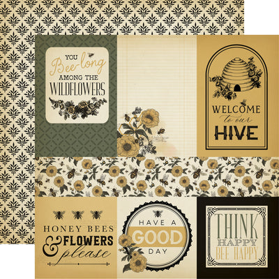 Collection of vintage-style cards with floral and bee-themed designs on a patterned background.