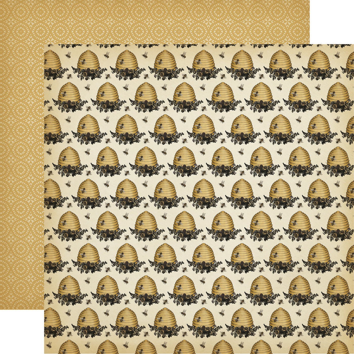 Pattern of beehives and bees on a beige background with a gold circle pattern reverse.