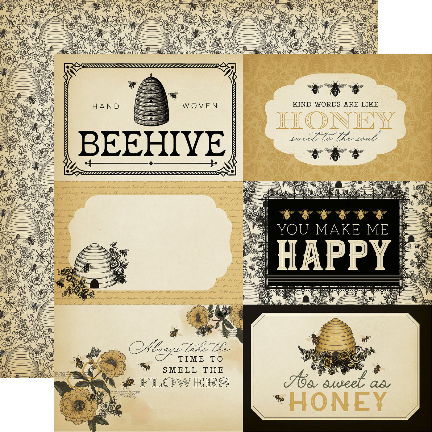 (Side A - a collage of six distinct journaling cards, each with a bee and beehive theme and a vintage aesthetic. Side B -featuring illustrations of beehives surrounded by intricate floral and bee motifs. The design is rendered in dark outlines on a light, aged cream background)