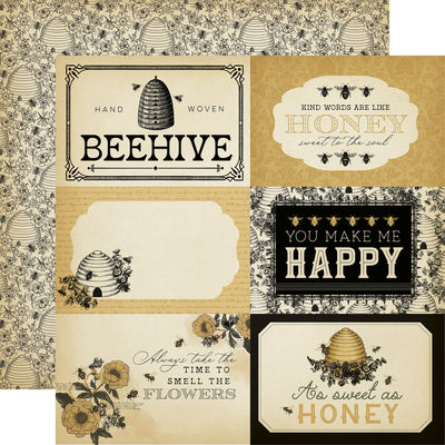 (Side A - a collage of six distinct journaling cards, each with a bee and beehive theme and a vintage aesthetic. Side B -featuring illustrations of beehives surrounded by intricate floral and bee motifs. The design is rendered in dark outlines on a light, aged cream background)