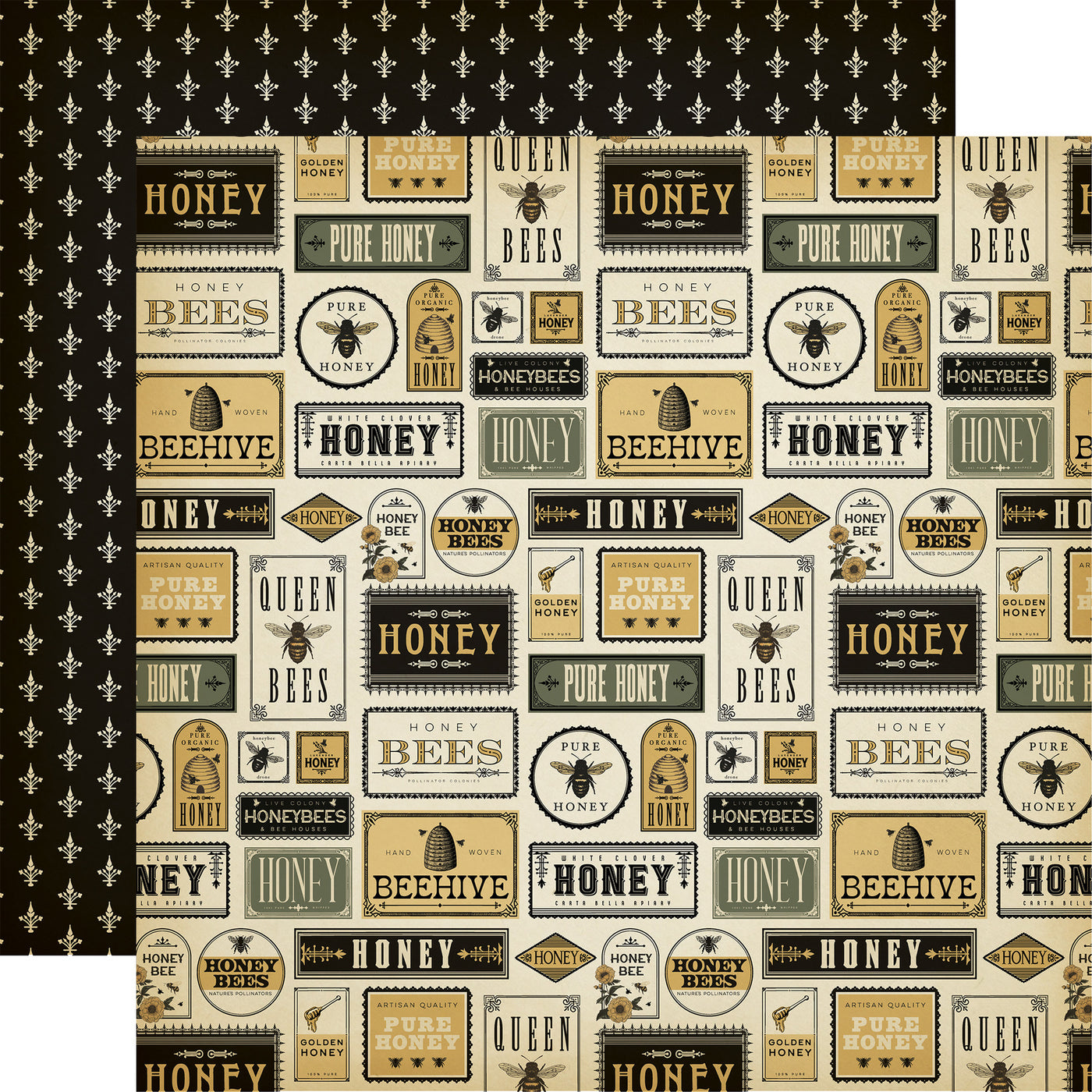 Patterned paper with honey and bee designs on a black background