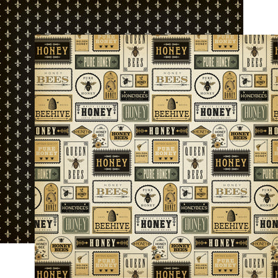 Patterned paper with honey and bee designs on a black background