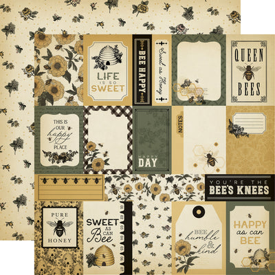 Collection of decorative paper elements with bee and floral patterns on a beige background.